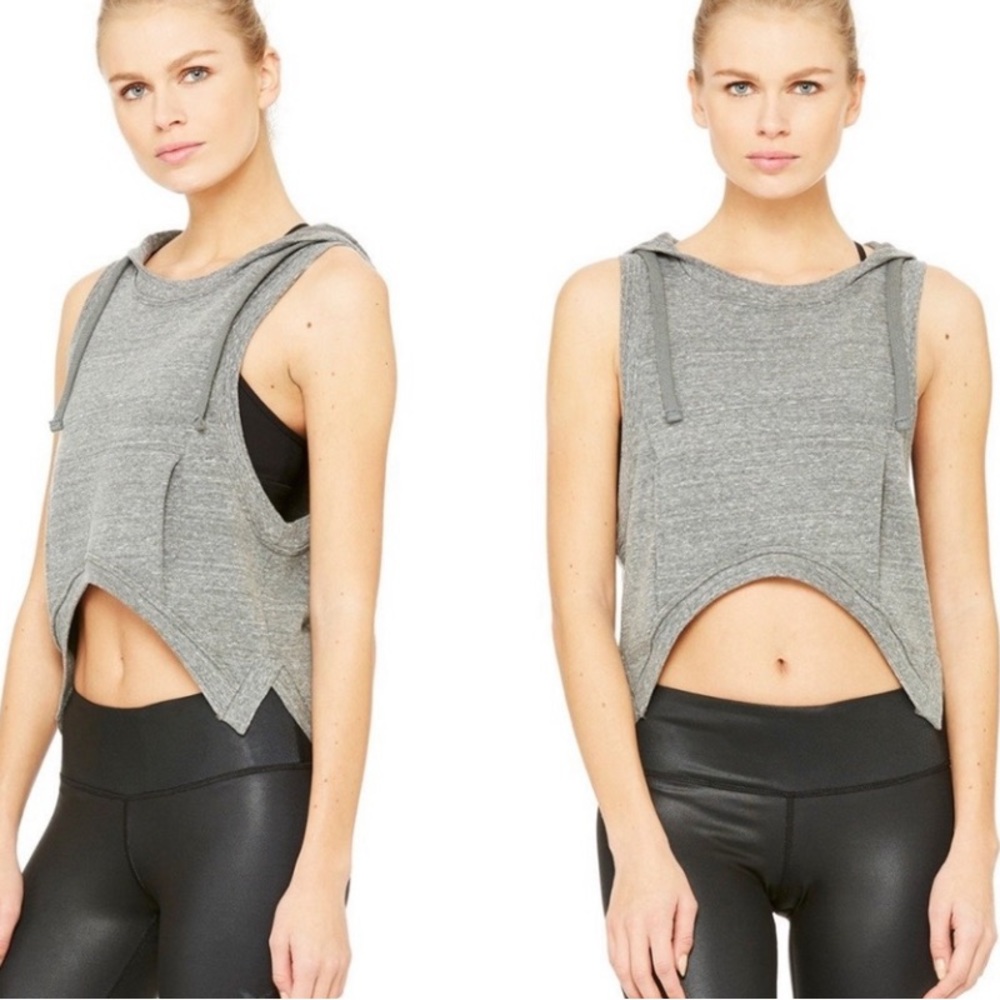 Alo Yoga Gypset Goddess Gray Cropped Sleeveless Hooded Tank
